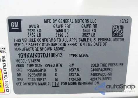 2013 Chevrolet Traverse 2Lt from USA, damaged, VIN 1GNKVJKD7DJ100913